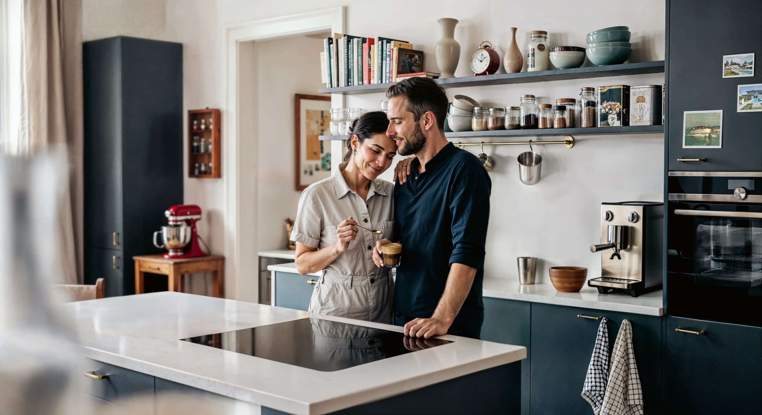 Moderne Küche mit Holzverkleidung und minimalistischer Ausstattung.