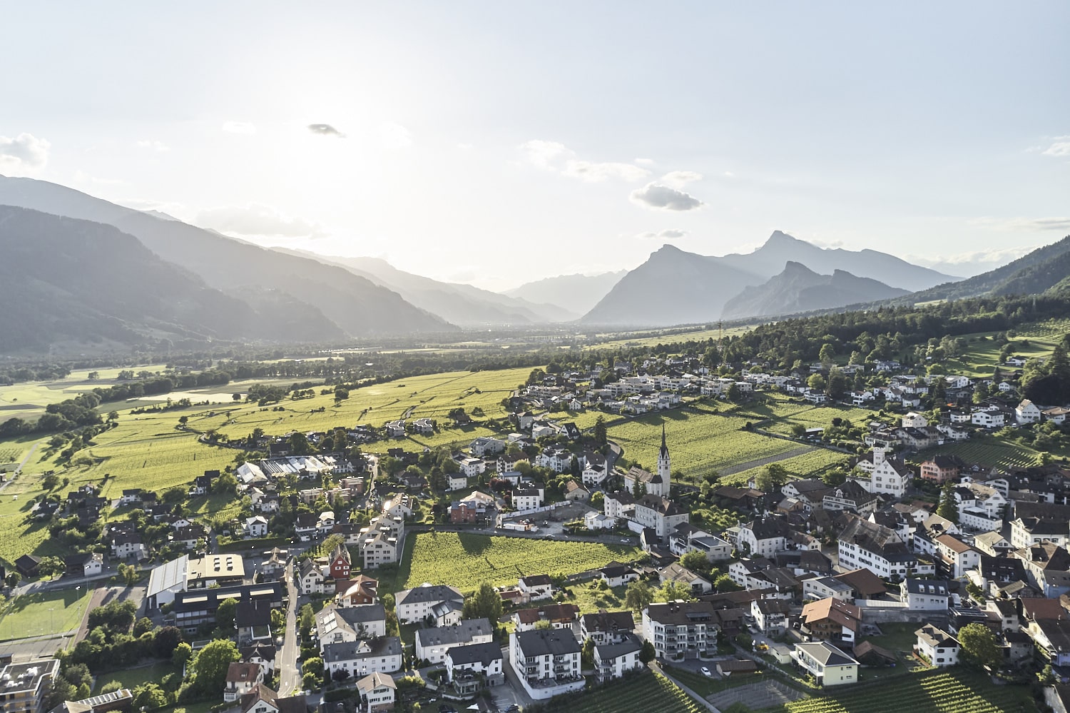 Panoramablick auf das malerische Dorf Malans in der Schweiz mit Weinbergen und Alpen im Hintergrund.