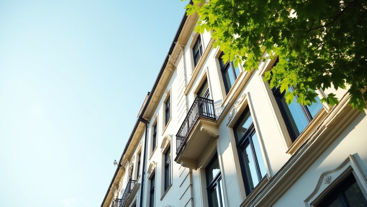 Moderne Wohnung mit offener Wohnküche und Balkon in urbaner Umgebung