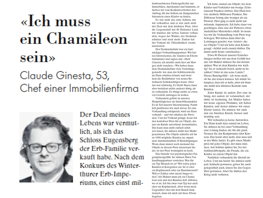 Articolo della NZZ sui negoziati di ogni tipo. Claude Ginesta: "Devo essere un camaleonte". 1 claude g nzz