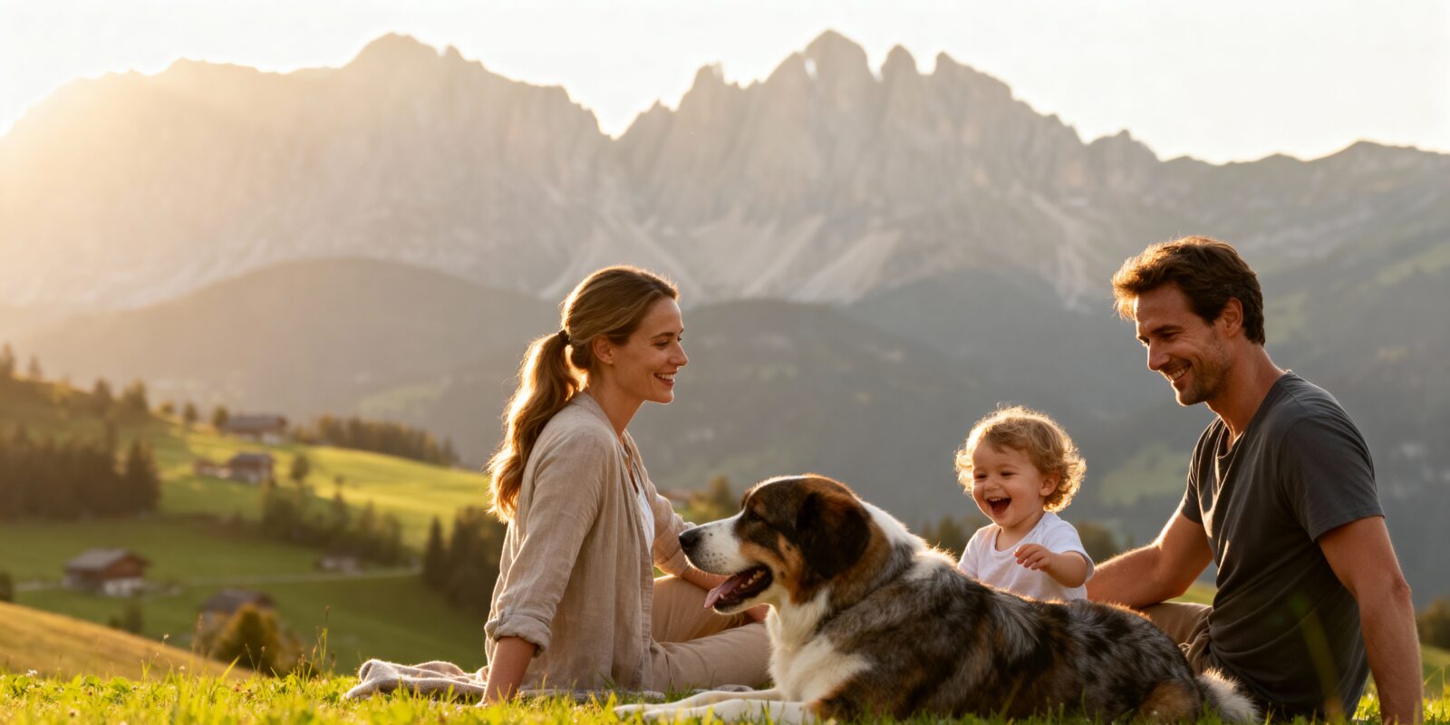 Familie genießt gemeinsame Zeit in der Natur der Schweiz, umgeben von grünen Wiesen und Bergen.
