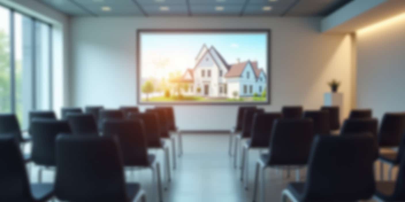 Modernes Schulungszimmer mit leeren Stühlen in Reihen.