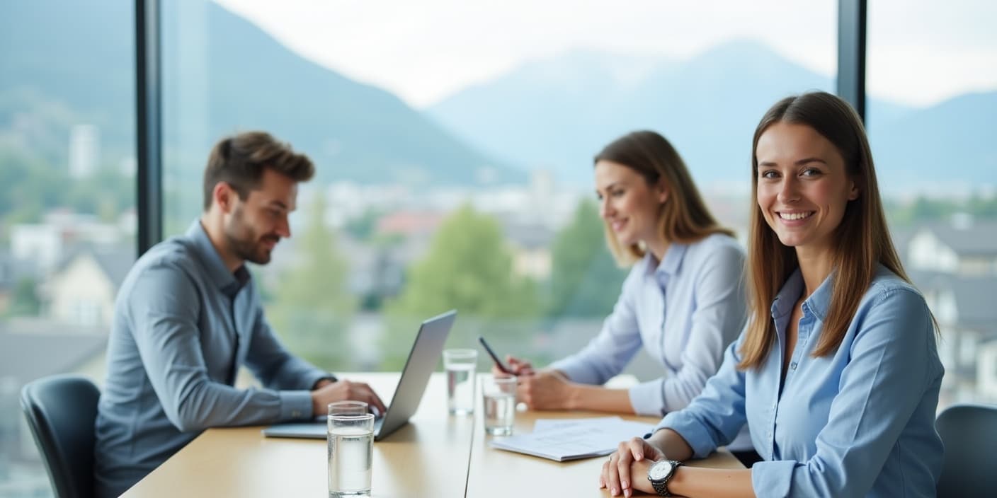 Drei Fachleute in einem modernen Büro diskutieren über ein Projekt.