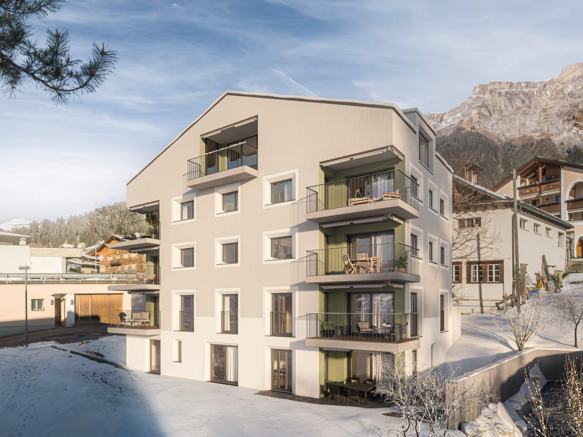 Außenansicht des Ginesta Lanezzi mit moderner Architektur und Umgebung.