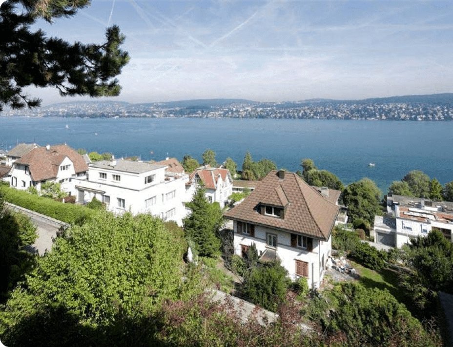 Panoramablick auf den Zürichsee mit charmanten Wohnhäusern und grüner Umgebung. Ideal für Immobilieninteressierte in Zürich.